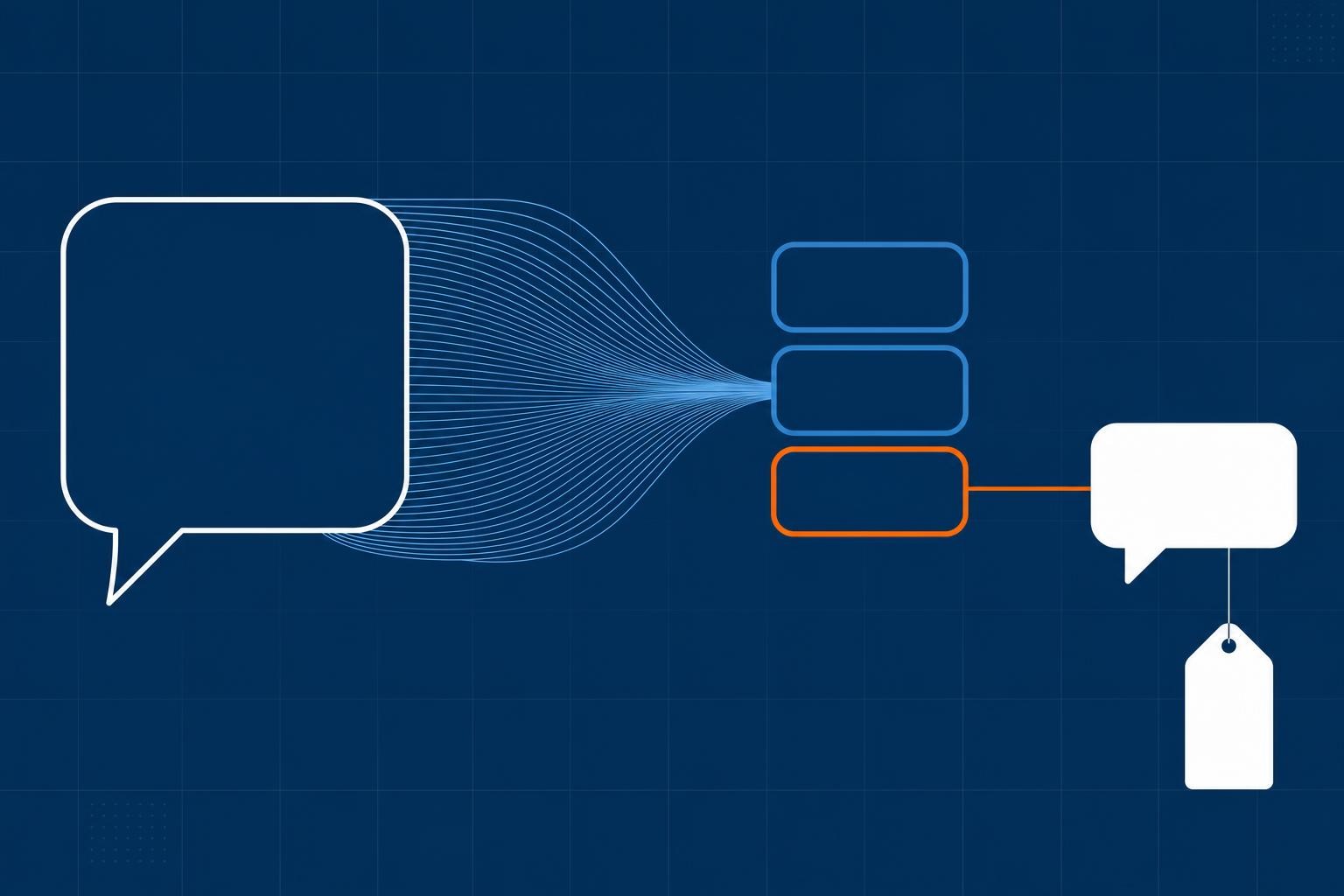 Composição gráfica de uma pergunta que se abre em poucas respostas, com um caminho destacado que segue até uma conversa.