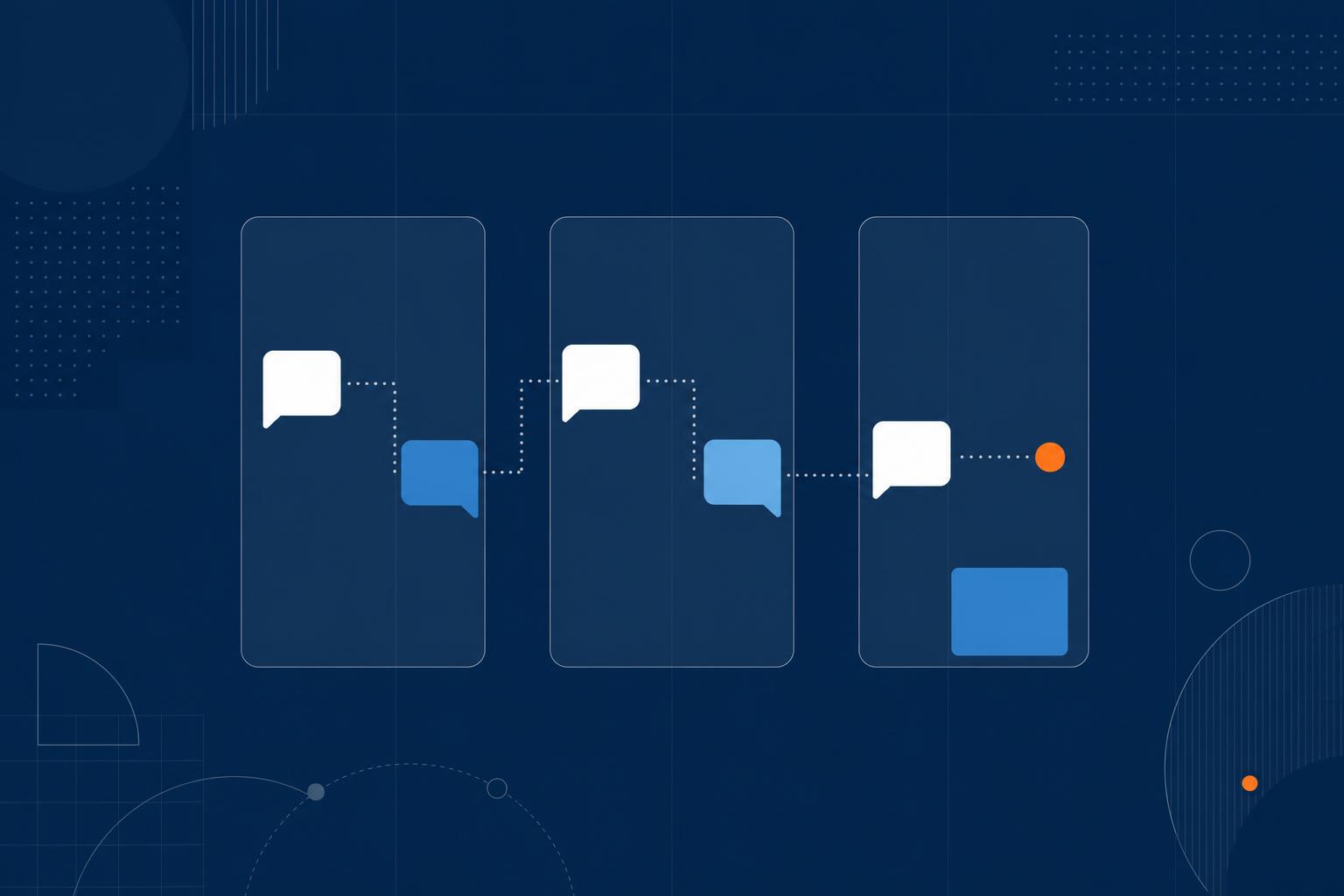 Ilustração editorial abstrata mostrando colunas de um pipeline de vendas (kanban) onde balões de conversa atravessam cada estágio até virar um deal fechado