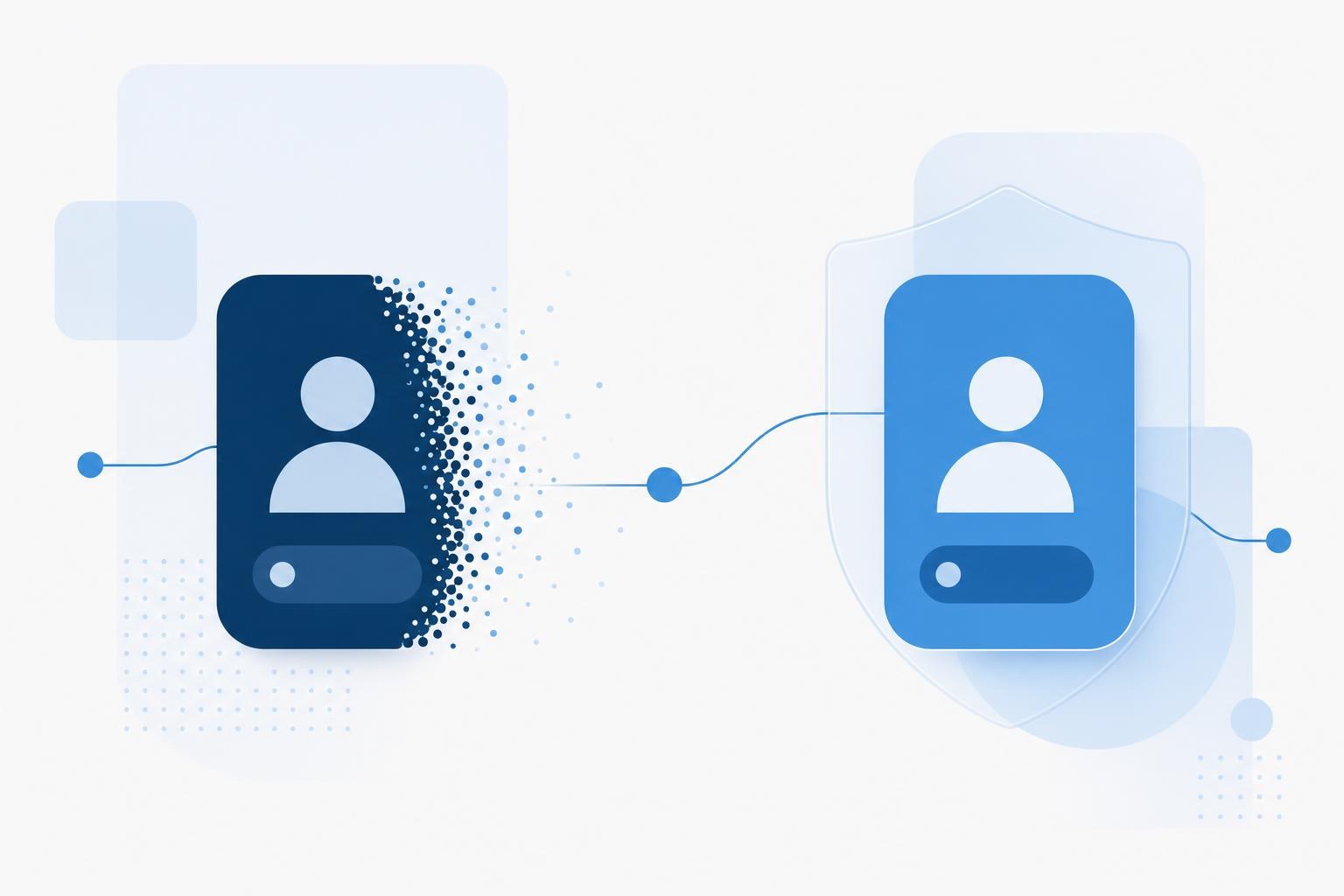 Ilustração editorial abstrata representando uma identidade de contato migrando de um número de telefone para um identificador privado protegido, com tokens conectados por uma linha fluida
