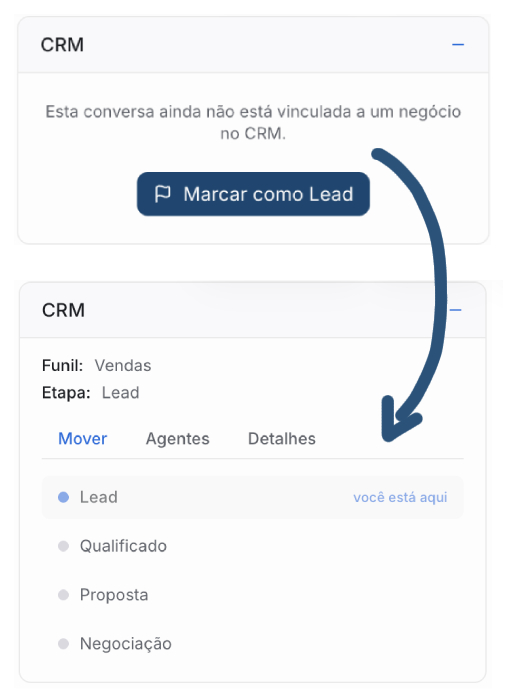 Tela da Make Talk mostrando uma conversa do WhatsApp sendo marcada como lead no CRM
