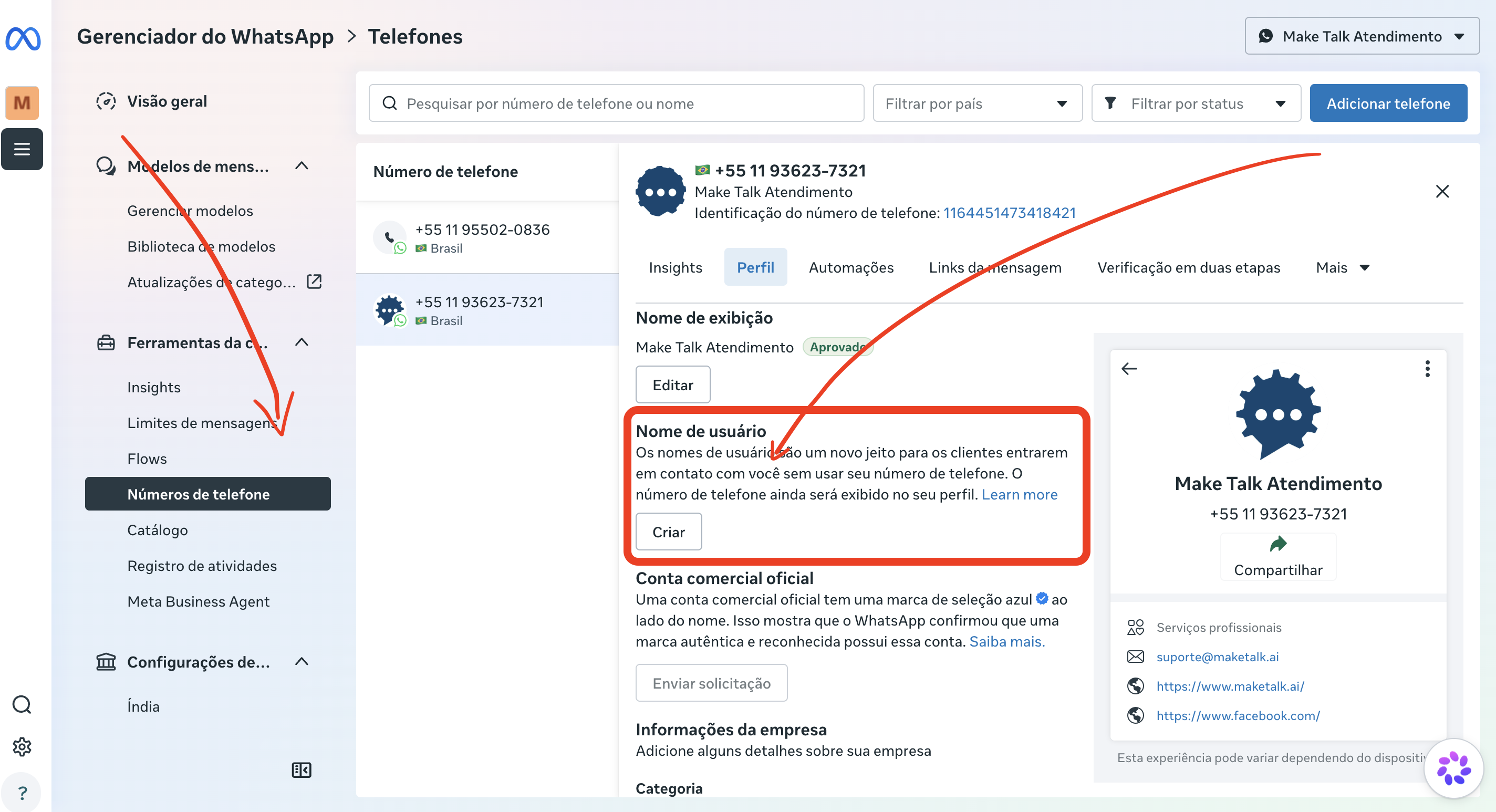 WhatsApp Manager com o menu Números de telefone selecionado, a aba Perfil aberta e a seção Nome de usuário destacada com o botão Criar