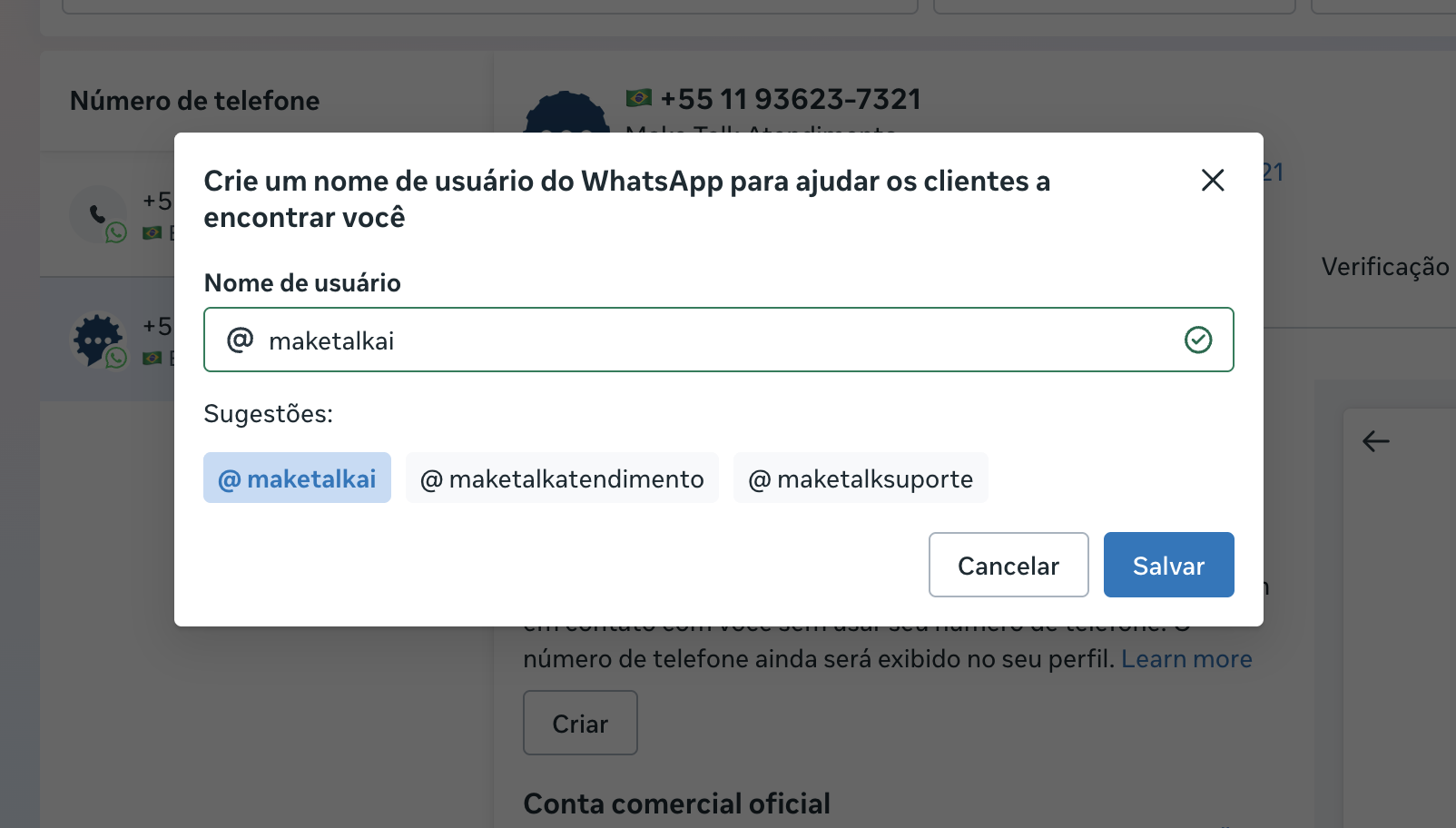 Janela Crie um nome de usuário do WhatsApp com o campo preenchido com @maketalkai, marcado como válido, e sugestões @maketalkai, @maketalkatendimento e @maketalksuporte